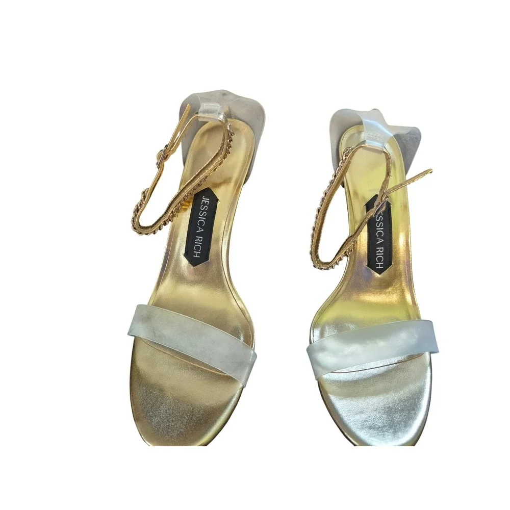 Jessica Rich Gold Chain Platform Heels Sandals Clear Strap Stiletto Size 40